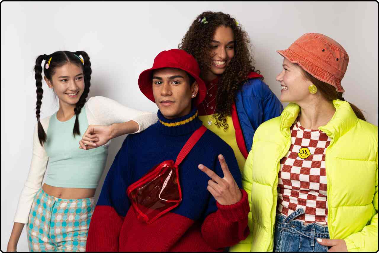 Group of teenagers in modern casual outfits, showcasing current fashion trends